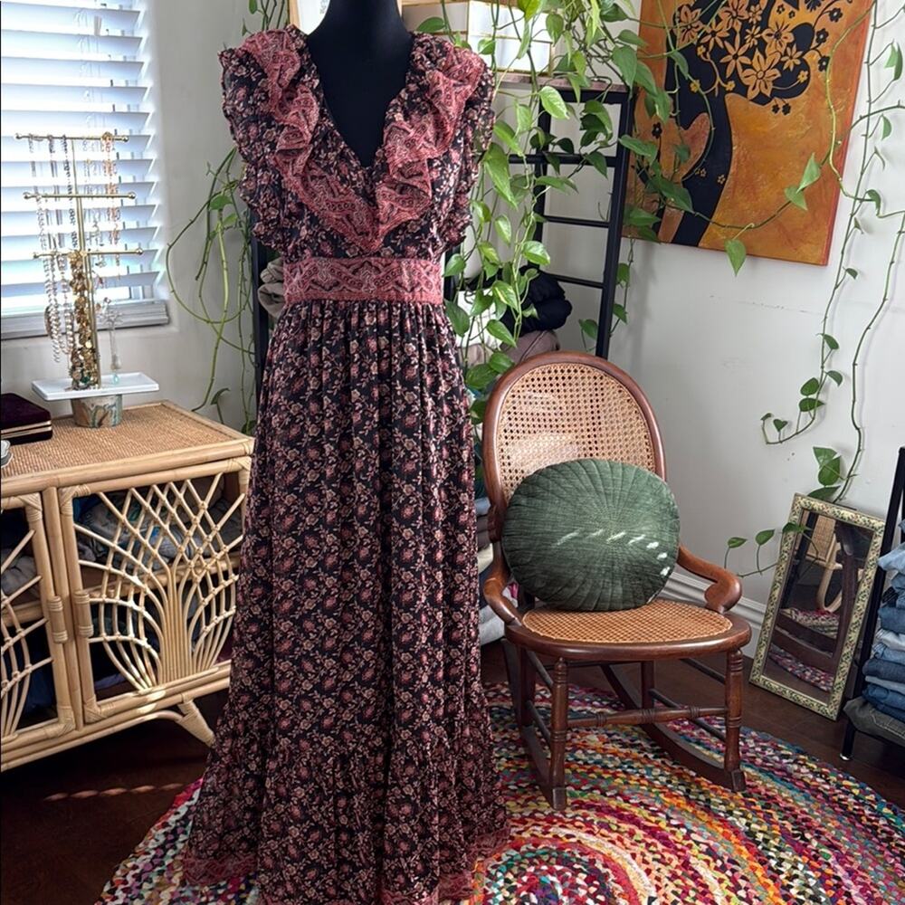 MNG Mango Earth Tone Floral Ruffle Neck Whimsigoth Boho Romance Maxi Dress
